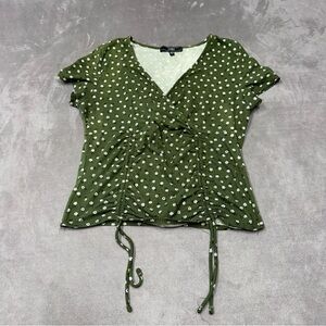 Vibe Olive Green Floral Tie-Front Women's Top v neck blouse short sleeve L
